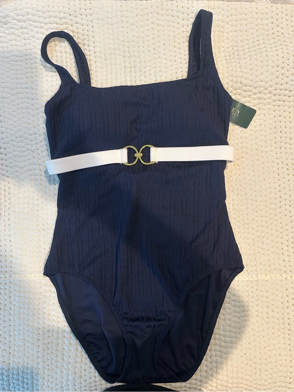Lauren Ralph Lauren ribbed one-piece swimsuit in navy size 12